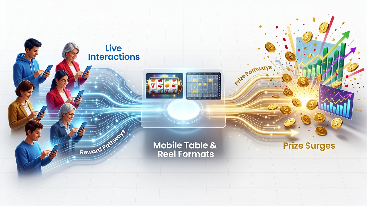 Mobile Schnittstelle zeigt Live-Tisch-Interaktionen und Reel-Gewinne mit Belohnungsketten